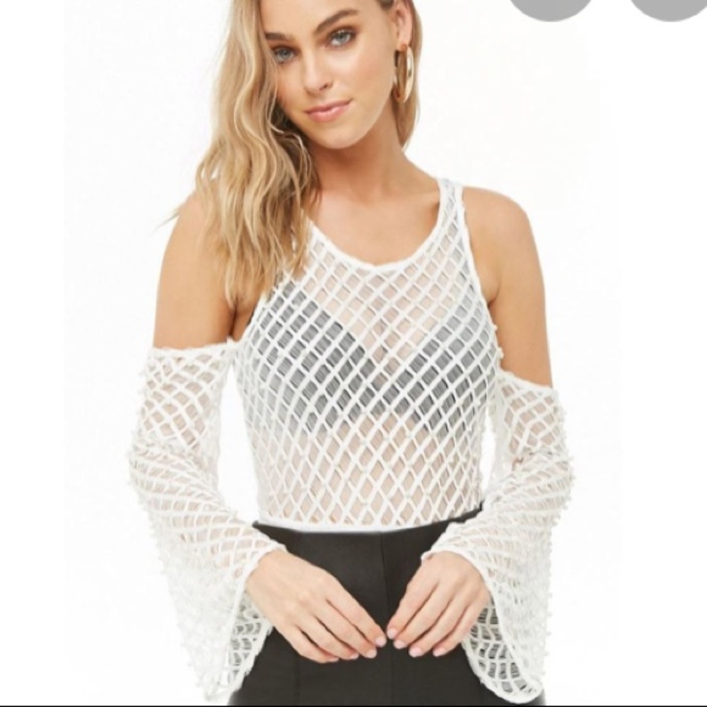 Forever21 Sheer Beaded Open-Shoulder Bodysuit, L